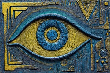 A stylized, textured eye design with intricate circuit board patterns in deep blue, teal, and gold tones.