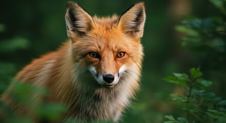 Fototapeta premium Red fox emerges from lush green forest foliage with bright, alert eyes.