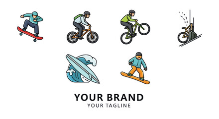 Fototapeta premium Collection of Extreme Sports Illustrations - Skateboarding, BMX, Surfing, and Snowboarding.