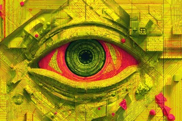 A vibrant, stylized eye, composed of geometric shapes and intricate patterns, showcasing a striking blend of yellow and red hues.