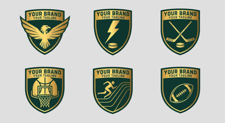 Set of six green and gold sports team logo emblems.