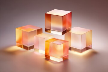 A collection of translucent, gradient-colored cubes, illuminated from below, creating a modern and elegant aesthetic.