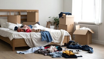 Bedroom scene showing chaos of moving, boxes, clothes strewn, a bed, window light