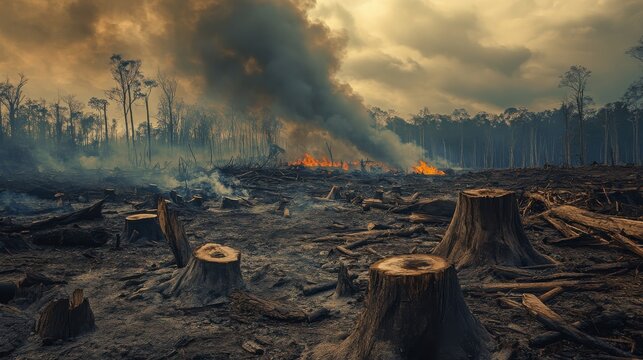 Deforestation impact showing a forest devastated by illegal logging with smoke and fire in the background