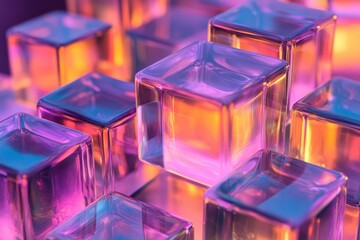 A close-up view of translucent cubes, layered and glowing with vibrant hues of pink, orange, and purple.