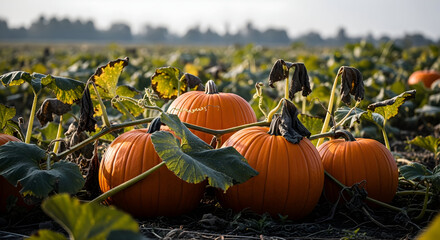 Pumpkins in a field vibrant orange gourds ready for harvest perfect for autumn and Thanksgiving themes