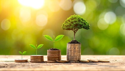 A sunlit conceptual image showcases a tree growing from a stack of coins, with smaller saplings in front. Blurred background hints at outdoors