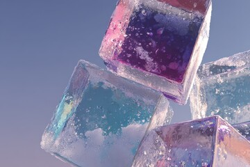 Colorful, translucent ice cubes cascade against a pale blue backdrop, showcasing intricate details and vibrant hues.