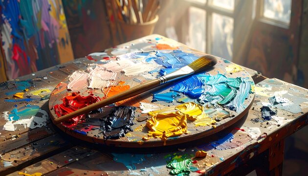 A sunlit art studio shows a palette with colorful, thick paint, a brush rests on top, and a window casts light - Powered by Adobe