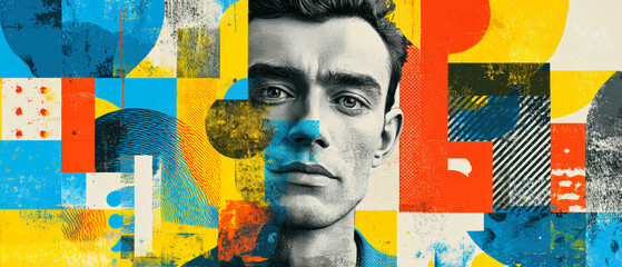 Creative portrait of a person surrounded by vibrant geometric patterns and colors