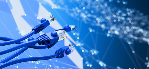 RJ45 Ethernet connectors. RJ45 cables and plugs against a technical background. Connection concept. Internet connection. High-speed internet connection. Hosting providers. VPN encryption. 3D render. © Alexander