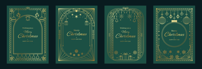 Obraz na płótnie Canvas Elegant Merry Christmas and Happy New Year greeting card vector set with gold line art decorations, green background, holiday frames for celebration Obraz na płótnie Canvas Elegant Merry Christmas and Happy New Year greeting card vector set with gold line art decorations, green background, holiday frames for celebration