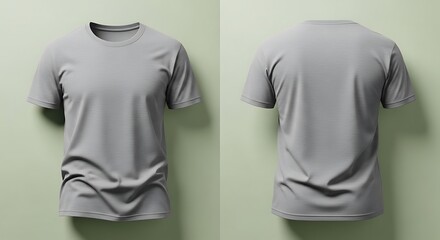 Front and back view of a plain grey t shirt on a light background