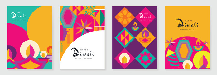 Happy Diwali light festival poster vector set. Diwali festival wallpaper design with colorful lantern, floating lights, firework. Culture Illustration design for celebration, greeting, card, ads.