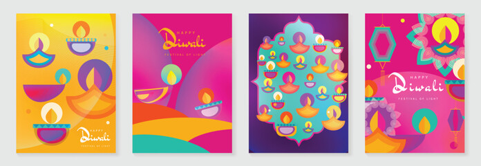 Happy Diwali light festival poster vector set. Diwali festival wallpaper design with colorful lantern, floating lights, firework. Culture Illustration design for celebration, greeting, card, ads.