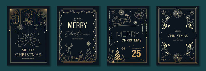 Fototapeta na wymiar Luxury Merry Christmas and Happy New Year greeting card vector set with golden line art bow, Santa sleigh, snowflakes, and festive decorations on dark blue background
