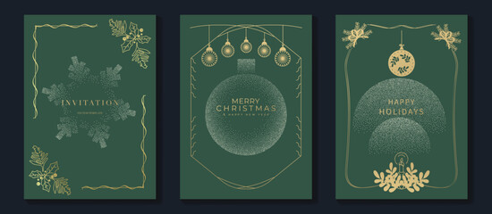 Naklejka na ściany i meble Elegant green and gold Merry Christmas greeting card vector set with sparkling line art tree, ornaments, snowflakes, bells, and festive holiday decorations Naklejka na ściany i meble Elegant green and gold Merry Christmas greeting card vector set with sparkling line art tree, ornaments, snowflakes, bells, and festive holiday decorations