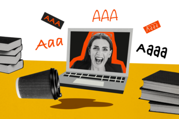 Composite photo collage of scream boss woman macbook video call poured coffee office workplace deadline fail isolated on painted background