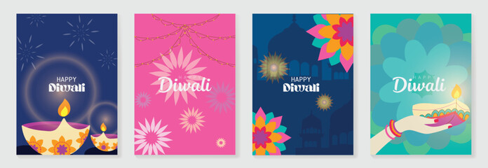 Happy Diwali light festival poster vector set. Diwali festival wallpaper design with colorful lantern, floating lights, firework. Culture Illustration design for celebration, greeting, card, ads.