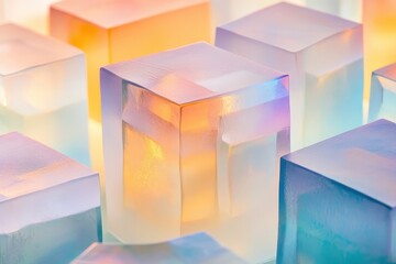 A collection of translucent cubes, showcasing a spectrum of pastel hues, from soft pinks and oranges to cool blues and lavenders, creating a captivating and ethereal visual display.