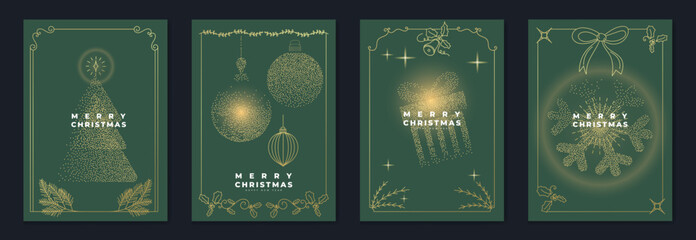 Naklejka na ściany i meble Elegant green and gold Merry Christmas greeting card vector set with sparkling line art tree, ornaments, snowflakes, bells, and festive holiday decorations