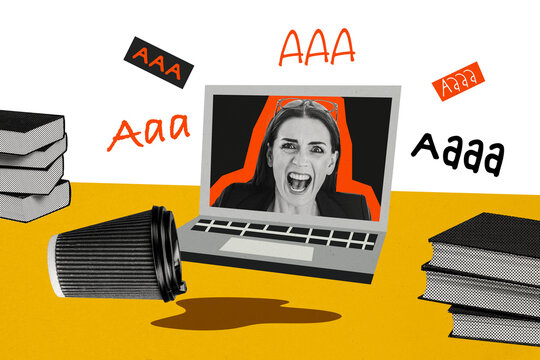 Composite photo collage of scream boss woman macbook video call poured coffee office workplace deadline fail isolated on painted background