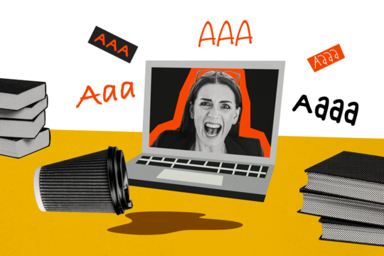 Composite photo collage of scream boss woman macbook video call poured coffee office workplace deadline fail isolated on painted background