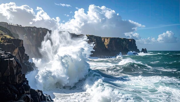 Crashing ocean waves against rugged cliffs under a dramatic cloudy sky on a sunny day