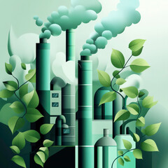 A large industrial plant with smoke billowing out of its top. The plant is surrounded by lush green foliage, giving it a serene and natural appearance