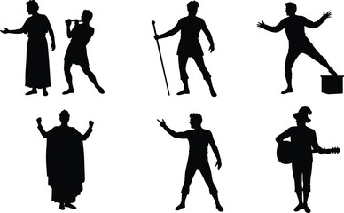 Performing arts silhouettes, dramatic character poses, musical and theatrical expression, black vector illustration, storytelling, heroism, stage presence, entertainment design elements