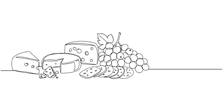 Continuous one line of cheese board with various kinds of cheese, grapes and crackers, elegant culinary style drawing vector illustration.
