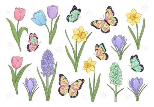 Spring floral arrangement with butterflies isolated on transparent background