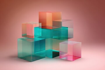 A vibrant display of translucent cubes in varying shades of teal, coral, and rose, arranged in a modern geometric composition against a soft blush backdrop.