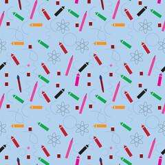 Seamless educational pattern featuring colorful pencils atomic symbols and geometric shapes on light blue background perfect for school stationery wallpaper and creative design projects