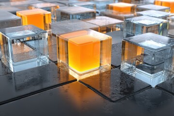 Transparent, geometric cubes in varying shades of orange and blue, create a dynamic pattern on a dark, reflective surface.