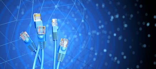 RJ45 Ethernet connectors. VPN encryption. Hosting providers. RJ45 cables and plugs against a technical background. High-speed internet connection. Connection concept. Internet connection. 3D render.