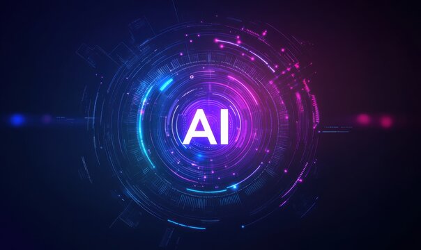 Futuristic AI technology logo with vibrant digital elements and glowing neon designs