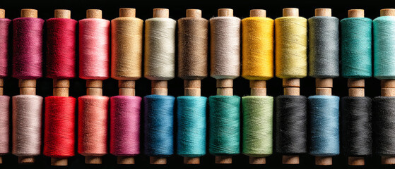 Colorful spools of thread arranged neatly on a dark background showcasing vibrant sewing supplies