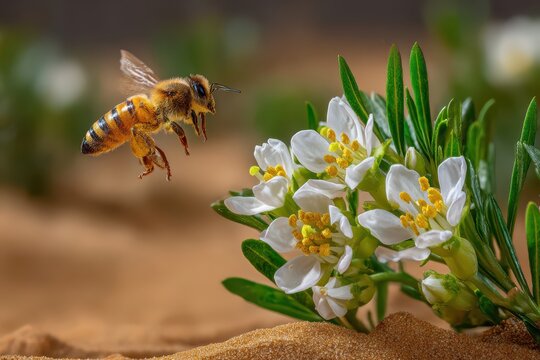A honey bee in mid-flight approaching delicate white flowers for pollen collection.