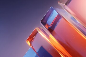 A close-up view of translucent rectangular shapes, rendered in vibrant hues of orange, blue, and purple, creating a dynamic and modern visual composition.