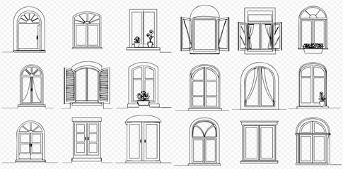 A detailed description of the image. "A collection of various architectural window designs in black outline sketch style." "Set of different window types and...