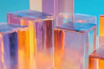 Colorful, translucent cubes arranged in a geometric pattern, illuminated by vibrant, warm light.
