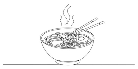 Continuous one line of steaming bowl of ramen with chopsticks, style drawing vector illustration.
