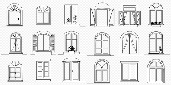 A detailed description of the image. "A collection of various architectural window designs in black outline sketch style." "Set of different window types and...
