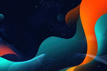 A dynamic abstract design featuring flowing, layered shapes in vibrant teal, orange, and dark tones, accented by subtle lines and scattered dots.