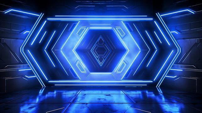 Abstract Futuristic Neon Geometric Tunnel With Blue Lighting Effects And Reflective Floor - Powered by Adobe