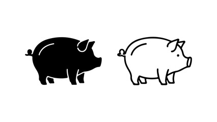 Pig icons with outline and solid fill with transparent background