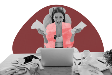 Sketch image artwork composite 3D photo collage of office manager young lady shocked face emoji tired scream hold document laptop table