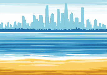 Beachfront cityscape illustration with ocean waves and sandy shore, a serene coastal metropolis