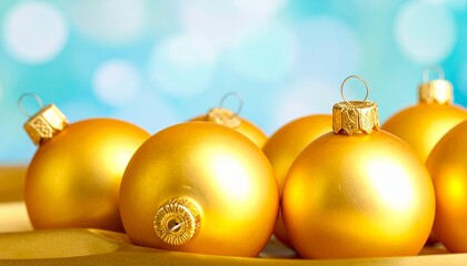 A beautiful arrangement of classic golden Christmas ornaments creating a festive holiday scene against a sparkling blue bokeh background